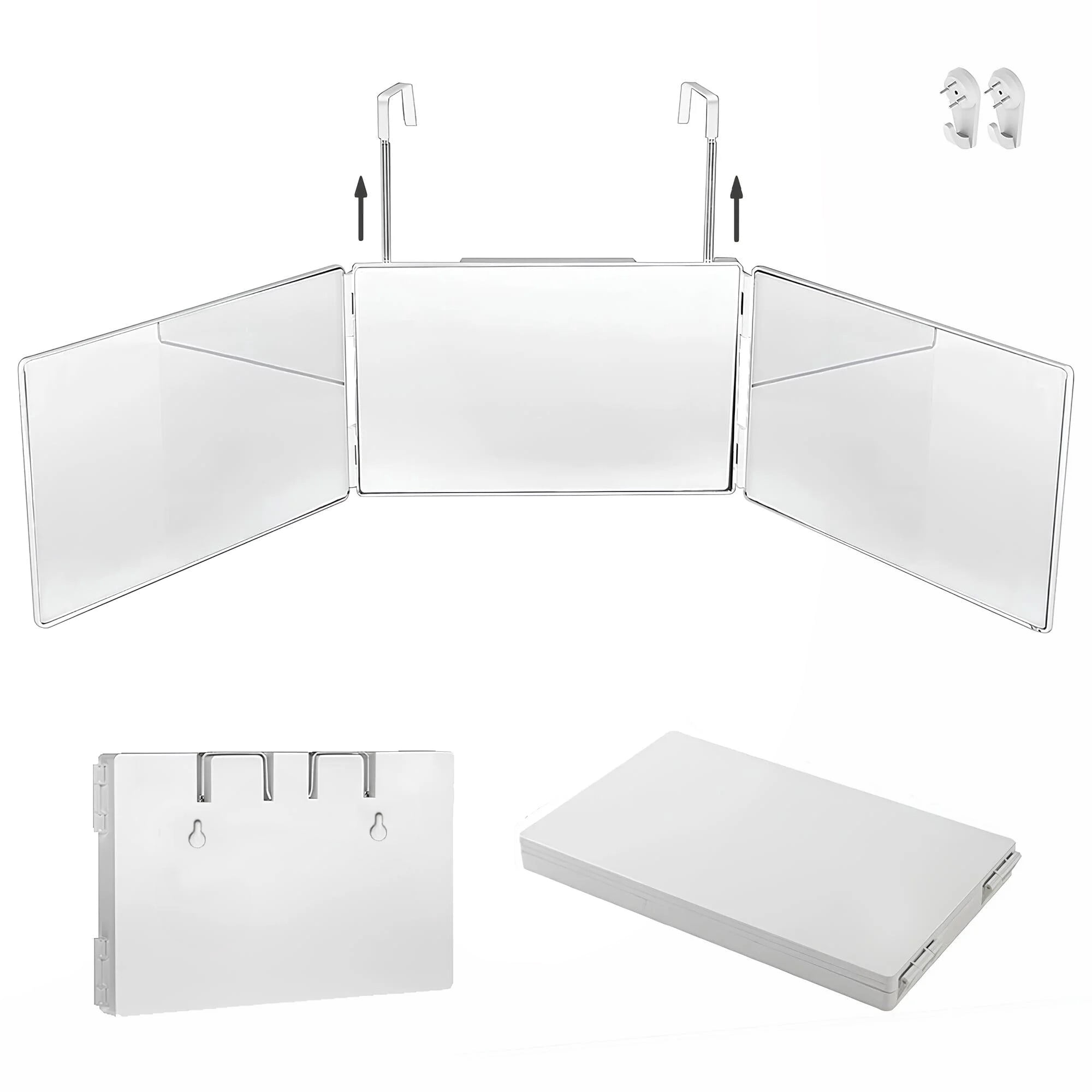 3 Way Mirror, 360 Mirror for Hair Cutting with Height Adjustable Telescoping Hooks, Tri-fold Mirror for Makeup and Shaving, Hanging/Wall Mounted/Countertop