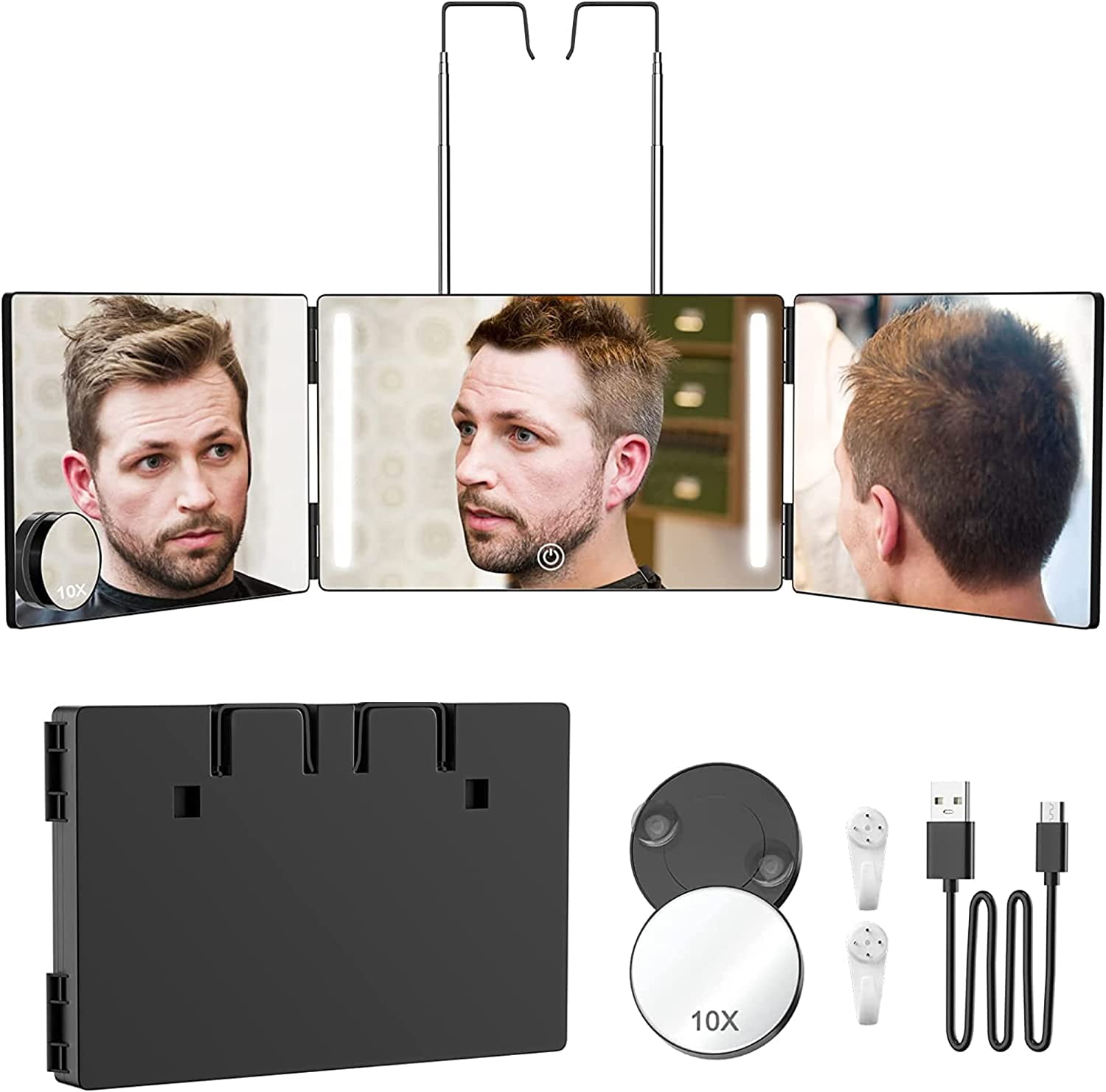 Selfcut 360° Mirror, Trifold 3 Way Mirror for Hair Cutting with LED Lights, Self  Haircut System for Haircut, Shaver and Makeup with Height Adjustable  Telescoping Hooks