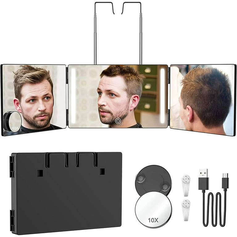 Self-Cut System - 3 Way Mirror for Self Hair Cutting with LED Lights -  Barber Mirror - Trifold Mirror - Three Way Mirror - 360 Mirror for Self