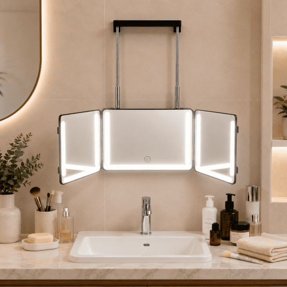 3 Way Mirror for Self Hair Cutting with Led Lights,Portable Travel Makeup Vanity Mirror with Hook for Men & Women,Black