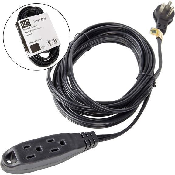 3 Way Power Splitter and 12' Long Extension Cord with Angled Plug - 1 to 3 Cable Strip with 3 Pronged Outlets and Long Y Style Wire  Black - SJT 16 AWG  by