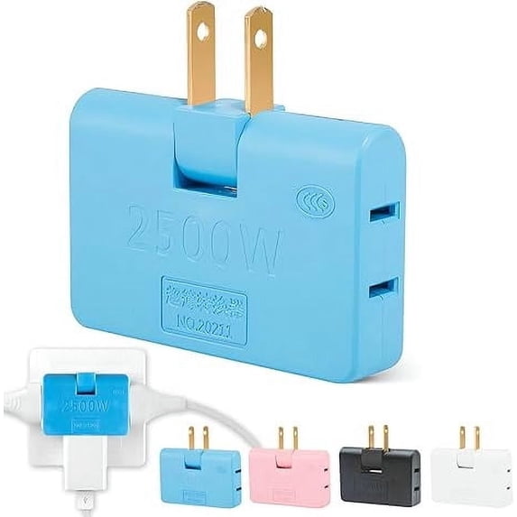 3-Way Rotatable Socket Adapter, 180° Slim Wall Plug Converter for Ungrounded Outlets, 2500W Home Office Extender, ABS+Copper Construction
