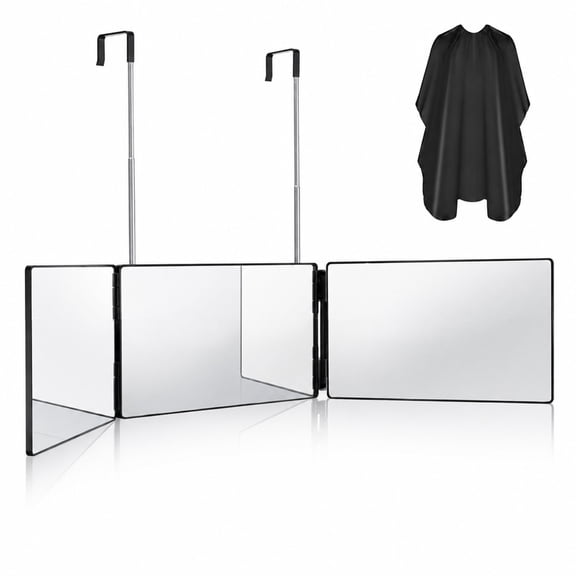3-Way Self Hair Cutting Mirror, Height Adjustable Telescopic Hooks, 360 View for Back of Head, Portable Barber Mirror for Men Home Use