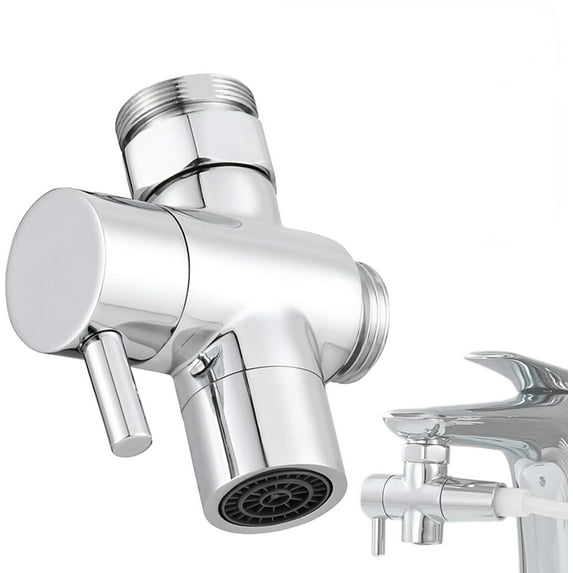3 Way Shower Diverter - Solid Brass, Sink Valve Faucet Splitter for Kitchen or Bathroom, M22-M24, M22-G1/2 Adaptor, Silver