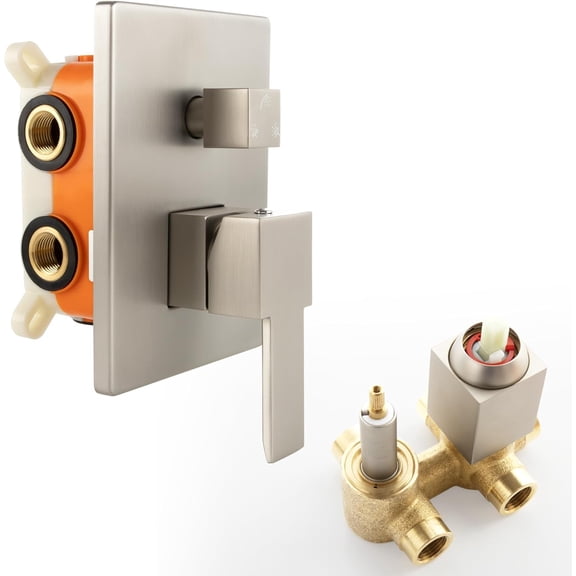 3 Way Shower Diverter Valve Brushed Nickel, Wall Mount Shower Mixer Control Valve Kit, 3 Function Single Handle Shower Valve Replacement Kit with Rough-In Valves