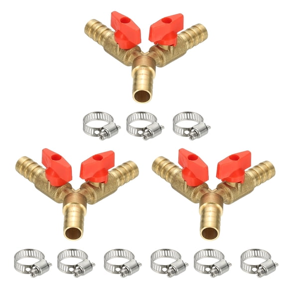 3 Way Shut Off Ball Valve, 4/9" Y Shaped Hose Fitting with Switch, Red, 3 Pcs