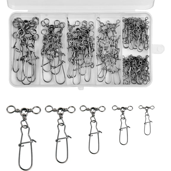 3 Way Snap Swivels 60PCS Fishing Swivel Tackles with Stainless Steel Duo Lock Snaps 26-83LB Round T Shape Fishing Lure Connectors for Saltwater Freshwater Catfish Rig Trolling Line
