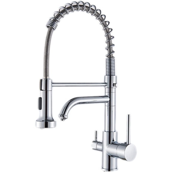 3 Way Spring Kitchen Faucet with Drinking Water Brass Dual Handle Cold and Hot Kitchen Mixer Tap, 360° Rotation Kitchen Sink Faucet with 2 Modes Pull Put Sprayer,Black
