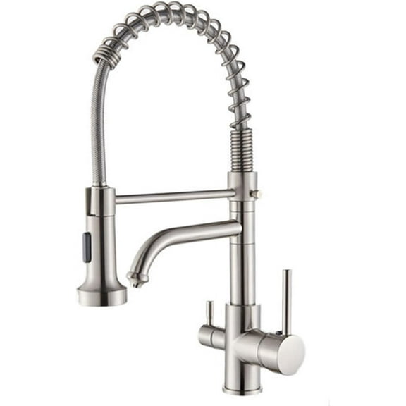 3 Way Spring Kitchen Faucet with Drinking Water Brass Dual Handle Cold and Hot Kitchen Mixer Tap, 360° Rotation Kitchen Sink Faucet with 2 Modes Pull Put Sprayer,Black