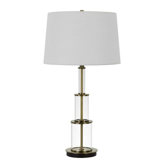 3 Way Table Tamp with Stacked Pyramid Glass Body and Fabric Shade, White