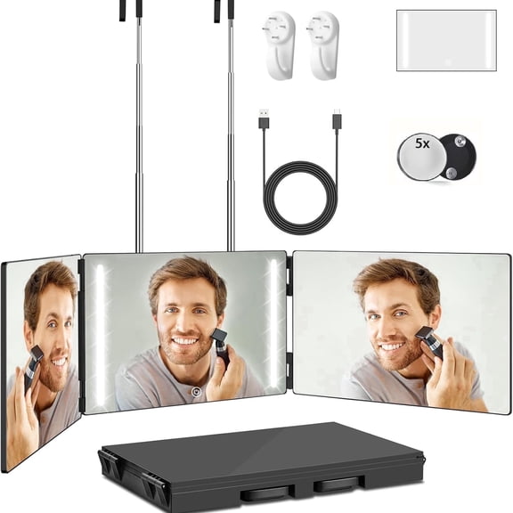 ikaufen Universal 35*25*6CM Surrounded on Three Sides Aluminum Mirror Door Mount Bathroom Makeup Mirror with Foldable Features 5x Magnification Black