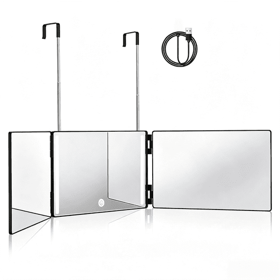 3-Way Triple Fold Self Hair Cutting Mirror, 360 View Barber Mirror to See Back Of Head, Adjustable Hooks Anti-Fog HD Glass USB Rechargeable for Shaving Makeup, Wedding Easter Gift