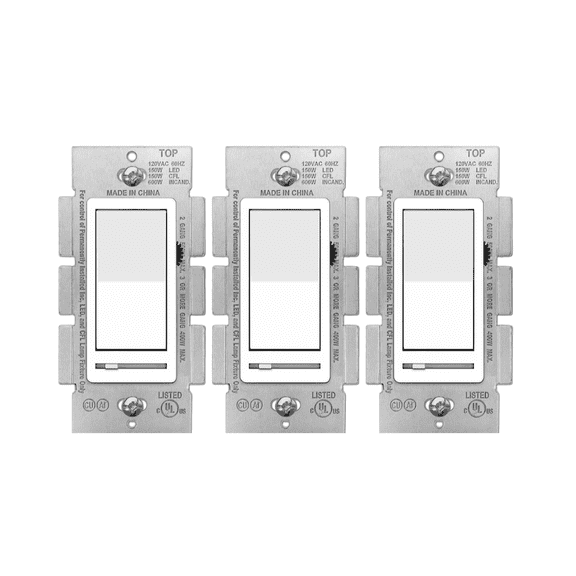 3-Way White Dimmer Switch, Single Pole, Decora, Rocker Switch, Slide Dimmer, 150W LED, for Dimmable LED, Fluorescent and Incandescent Lights, 3 Pack