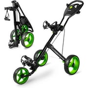 3 Wheel Collapsible Junior Golf Cart, Upper and Lower Brackets with Elastic Strap, Simple Quick Braking System, Golf Trolley Accessories, with New Deluxe Scorecard Holder and Bag Holder
