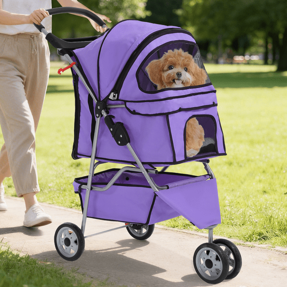 Dkelincs 3 Wheel Dog Stroller Folding Pet Stroller Travel Dog Carriers for Small Dogs with Free Pad & Cup Holder, Purple