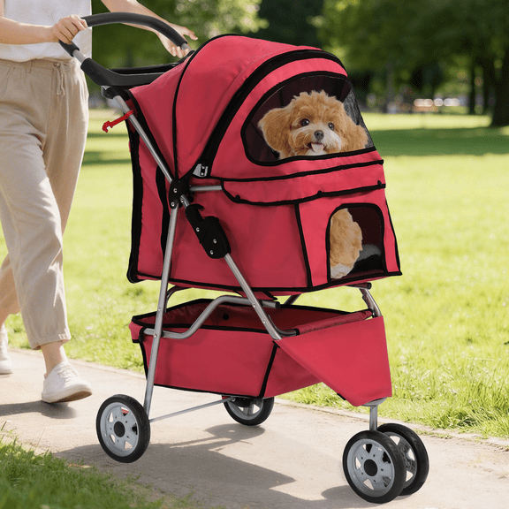 3 Wheel Dog Stroller Folding Pet Stroller Travel Dog Carriers for Small Dogs with Free Pad & Cup Holder, Red