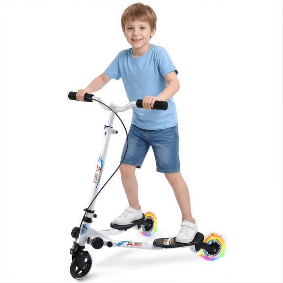 3 Wheel Drift Wiggle Scooter for Kids Ages 3-8, 3-Wheels Foldable Kick Scooter with Adjustable Handlebar & LED Light-Up Wheels, Swing Drifting Scooter for Boys and Girls