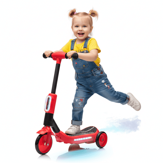 3 Wheel Electric Scooter for Kids Ages 3-6, LED Light Up Balance Training Scooter with Music, Steam Sprayer & Extra Wide Non Slip Deck, 6V Ride On Toy for Boys or Girls, Red