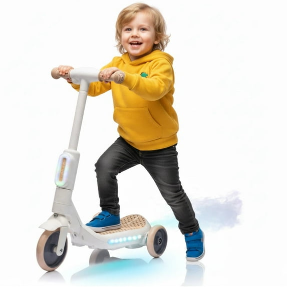 3 Wheel Electric Scooter for Kids Ages 3-6, LED Light Up Balance Training Scooter with Music, Steam Sprayer & Extra Wide Non Slip Deck, 6V Ride On Toy for Boys or Girls, White