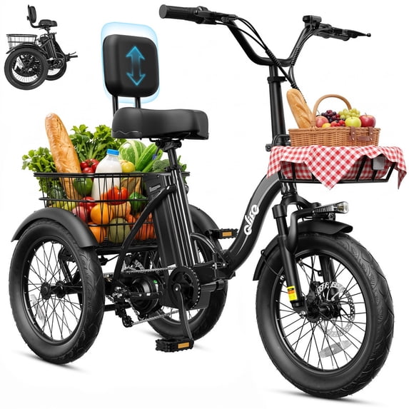 Qlife Triker 2.0 Folding 3 Wheel Electric Tricycle for Adults, 18" x 3.0" Foldable Electric Bike with Max 18MPH, 350W 48V 10.4Ah Battery Etrike, Black