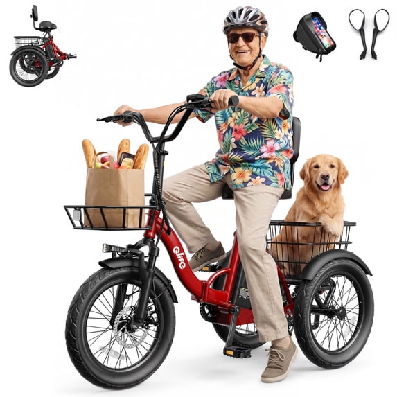 Qlife Triker 2.0 Folding 3 Wheel Electric Tricycle for Adults, 18" x 3.0" Foldable Electric Bike with Max 18MPH, 350W 48V 10.4Ah Battery Etrike with Mirror and Phone Bag, Red