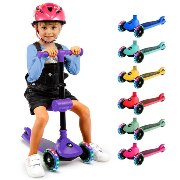3-Wheel Foldable Kids Scooter - Child Toy Scooter with Built-in LED Wheel Lights, Foldable Seat, and Easy Maneuvering Lean-to-Steer Technology (Purple)