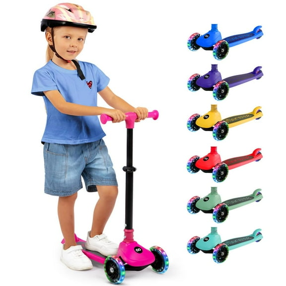 3-Wheel Foldable Kids Scooter - Child Toy Scooter with Built-in LED Wheel Lights, and Easy Maneuvering Lean-to-Steer Technology (Pink)