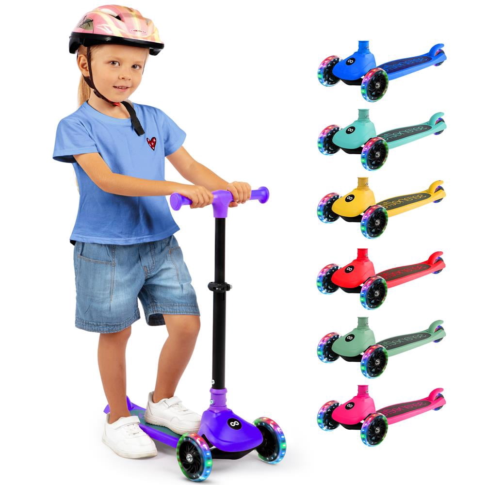 3-Wheel Foldable Kids Scooter - Child Toy Scooter with Built-in LED Wheel Lights, and Easy Maneuvering Lean-to-Steer Technology (Purple)
