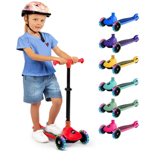 3-Wheel Foldable Kids Scooter - Child Toy Scooter with Built-in LED Wheel Lights, and Easy Maneuvering Lean-to-Steer Technology (Red)