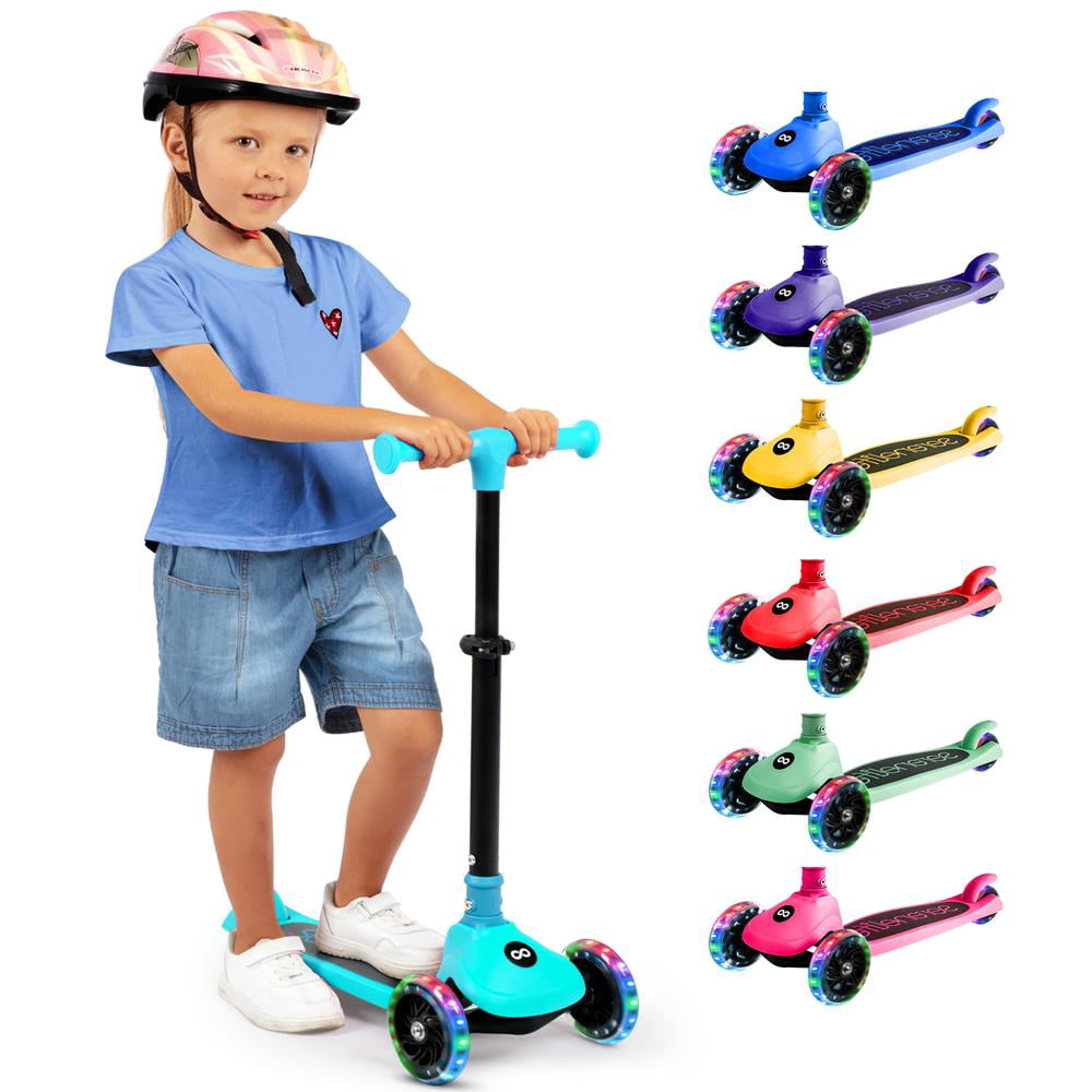 3-Wheel Foldable Kids Scooter - Child Toy Scooter with Built-in LED Wheel Lights, and Easy Maneuvering Lean-to-Steer Technology (Turquoise Blue)