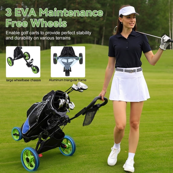 3 Wheel Golf Push Cart, Foldable Golf Bag Cart with Ball Loading Aperture, Scorecard Board, Water Bottle Holder, Foot Brake-Black Green