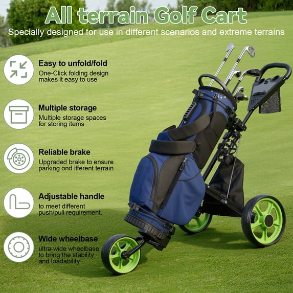 3 Wheel Golf Push Cart, Foldable Golf Bag Cart with Ball Loading Aperture, Scorecard Board, Water Bottle Holder, Foot Brake-Green White
