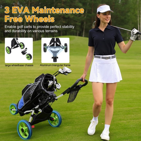 3 Wheel Golf Push Cart, Foldable Golf Bag Cart with Ball Loading Aperture, Scorecard Board, Water Bottle Holder, Foot Brake-Green White