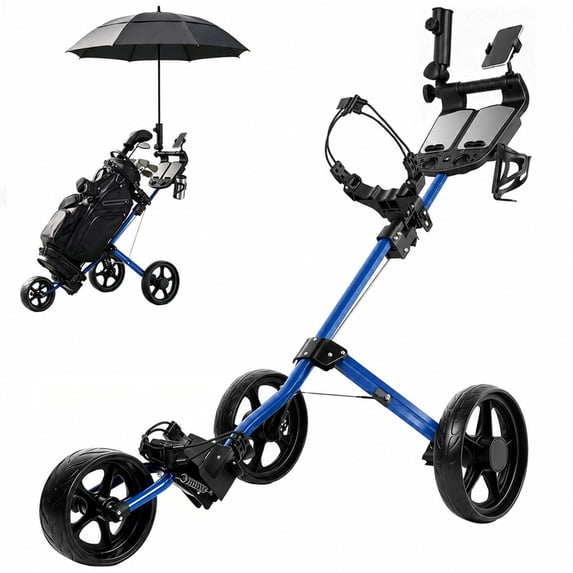 3 Wheel Golf Push Cart, Lightweight Aluminum Golf Trolley with Phone/Cup/Umbrella Holders, Dual Scorecard Holder, Compact Quick Fold Golf Bag Cart for All Terrain