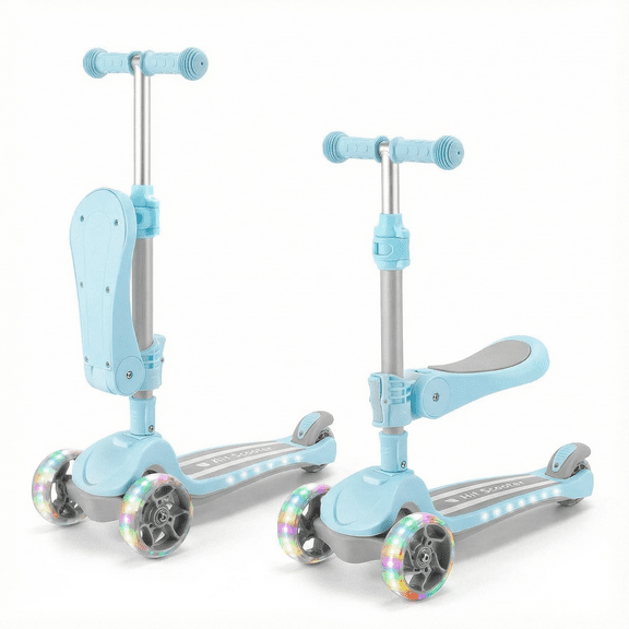 3-Wheel Kick Scooter for Kids Ages 2-10, 2-in-1 Scooter with Swivel Seat, Flashing Wheels, Light-Up Deck, 4 Adjustable Heights, Lean to Steer, Suitable for Boys & Girls, Blue