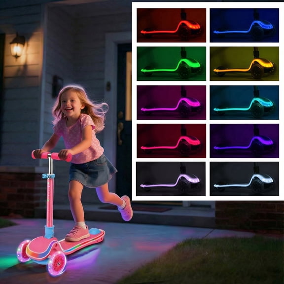 Wheelive 3-Wheel Light-Up Kids Scooter, 20 Different Light Patterns,Three Adjustable Heights,Lean to Steer, Balancing Scooter for Ages 3-8,Pink