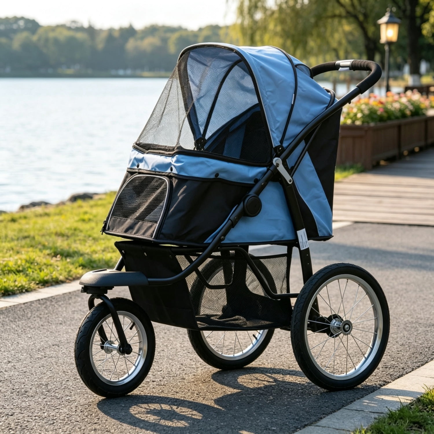 3-Wheel Pet Stroller for Small & Medium Dogs, Adjustable Canopy, Safety Tether, Storage Basket, Blue