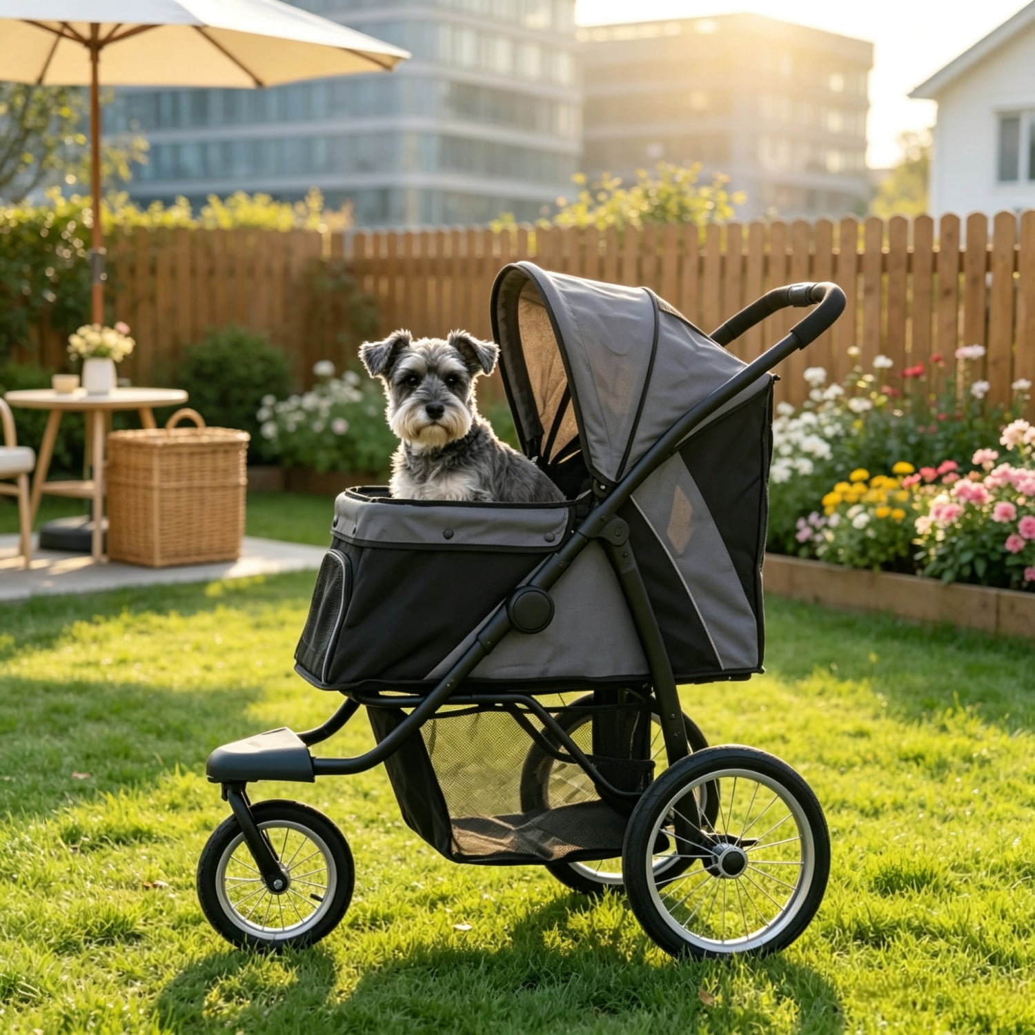 3-Wheel Pet Stroller for Small & Medium Dogs, Adjustable Canopy, Safety Tether, Storage Basket, Gray