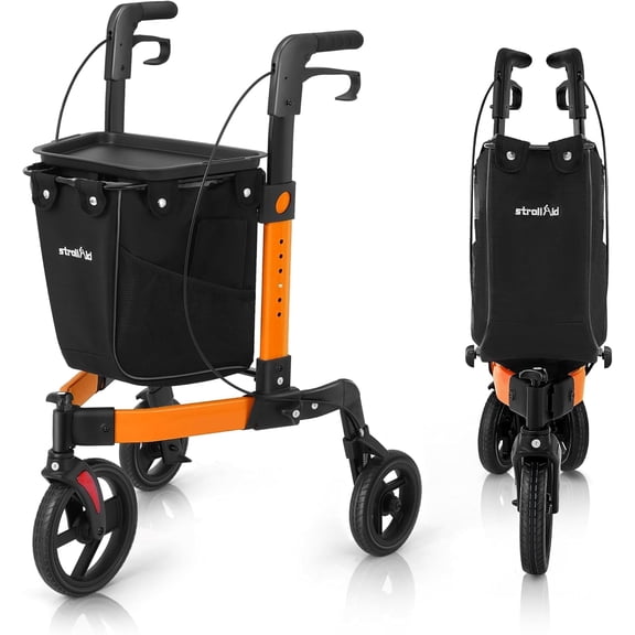 StrollAid 3 Wheel Walkers for Seniors, Foldable Rollator Walker with Tray & Large Storage Bag, 10" Big Wheel for All Terrain, 350 lb Weight Capacity, Orange