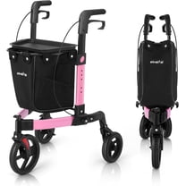 StrollAid 3 Wheel Walkers for Seniors, Foldable Rollator Walker with Tray & Large Storage Bag, 10" Big Wheel for All Terrain, 350 lb Weight Capacity, Pink