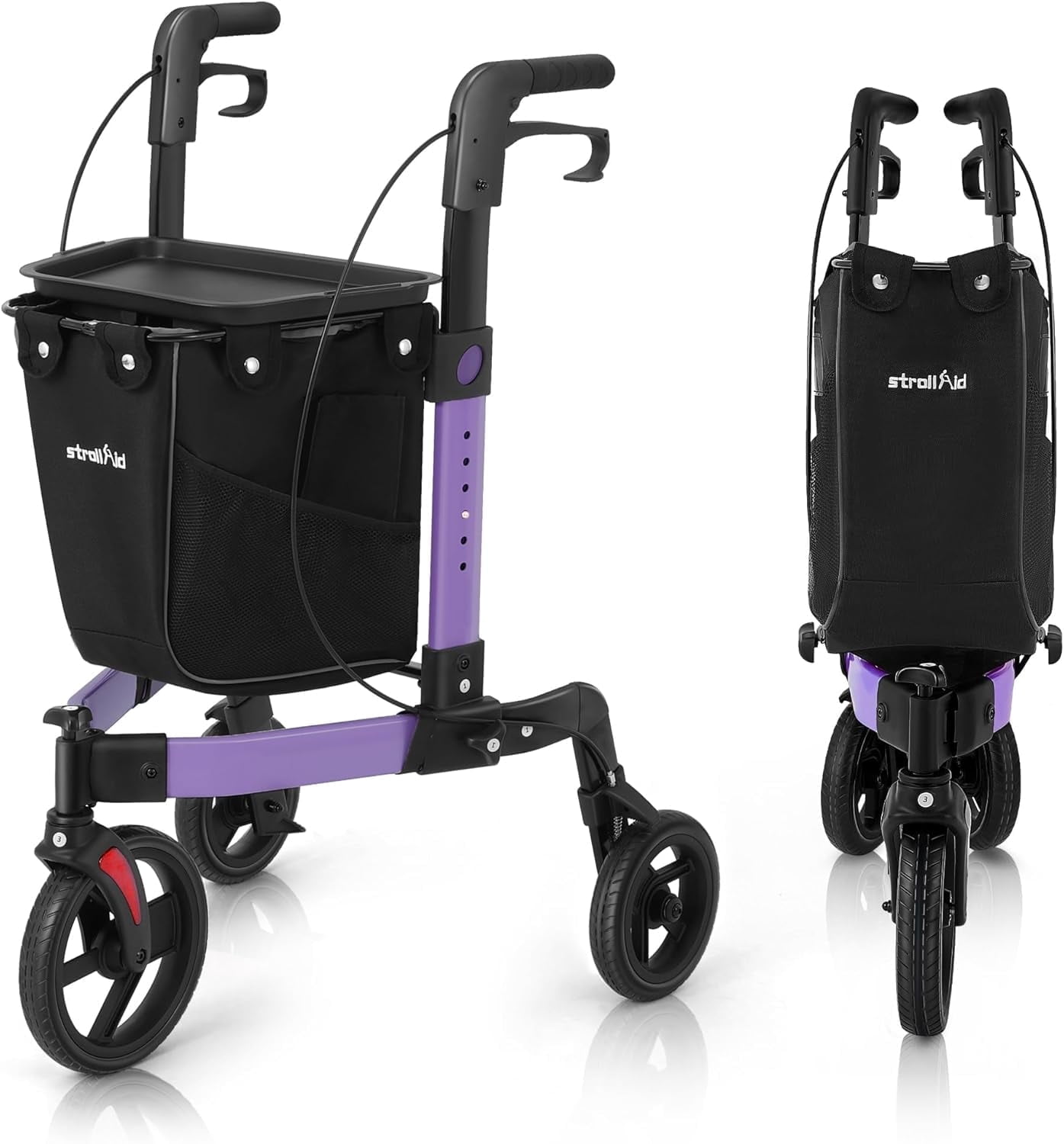 StrollAid, 3 Wheel Foldable Walkers for Seniors, Pink, 10-inch Big