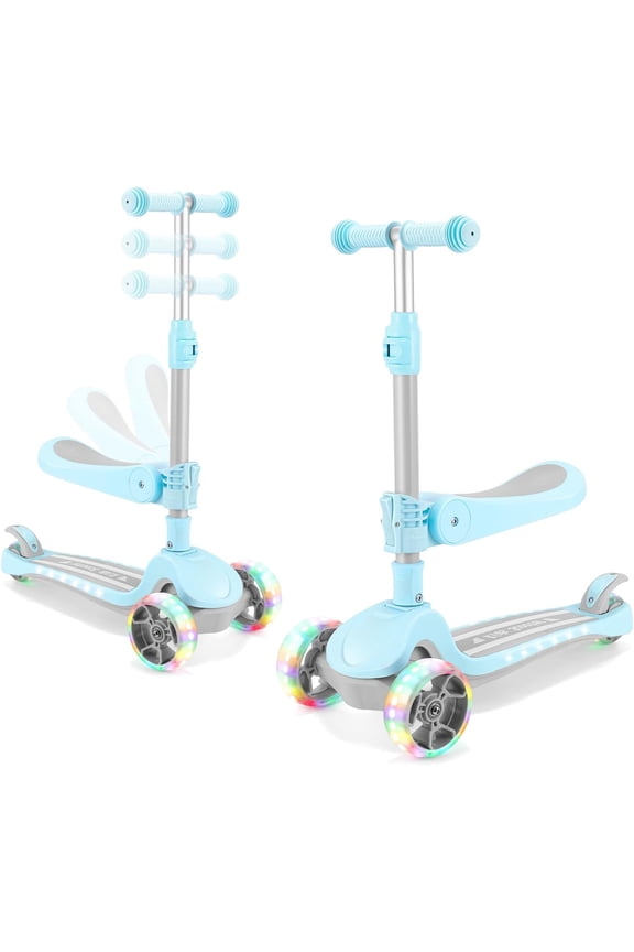 3 Wheel Scooter for Kids Ages 2-10 Years, 2 in 1 Kick Kids Scooter with Swivel Seat, Flashing Wheels and Light up Deck, 4 Adjustable Heights, Lean to Steer, Suitable for Boys & Girls Aged 2+