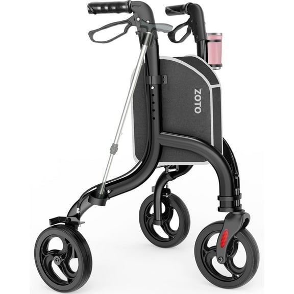 ZOTO Foldable 3 Wheel Walker for Seniors, Lightweight Rollator with Adjustable Height, Cup and Cane Holder,VRW310-BK