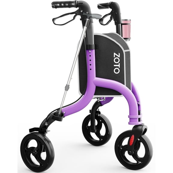ZOTO Foldable 3 Wheel Walker for Seniors, Lightweight Rollator with Adjustable Height, Cup and Cane Holder,VRW310-PU