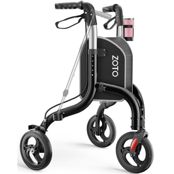 ZOTO Foldable 3 Wheel Walker for Seniors, Lightweight Rollator with Adjustable Height, Cup and Cane Holder,VRW310-BK