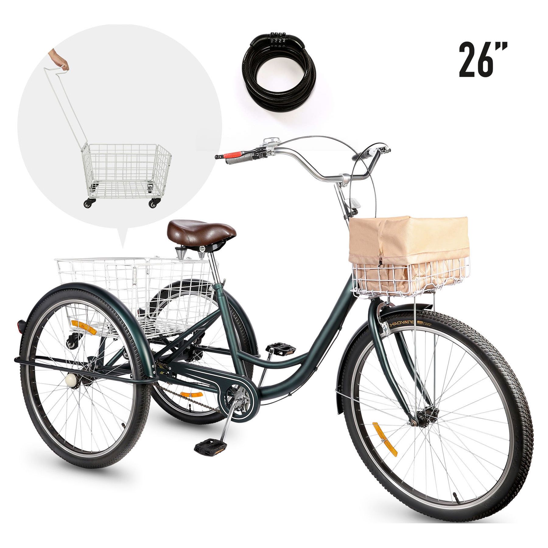3 Wheeled Adult Tricycle with Foldable Basket 26 Wheels For Men and Women Cruise Bike Exercise Bike for Recreation and Shopping Water Proof Bag and Classic Bicycle bell Walmart