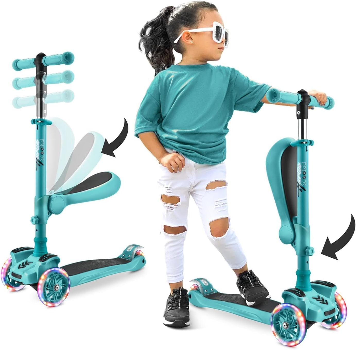 Teal Adjustable 3-Wheel Kids Scooter with LED Lights and Fold-Out Seat