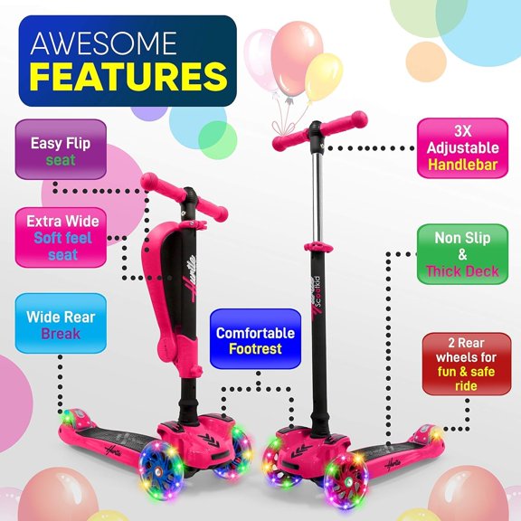 3-Wheeled Scooter for Kids with LED Lights, Adjustable Handlebar & Foldable - Sit or Stand Ride with Brake