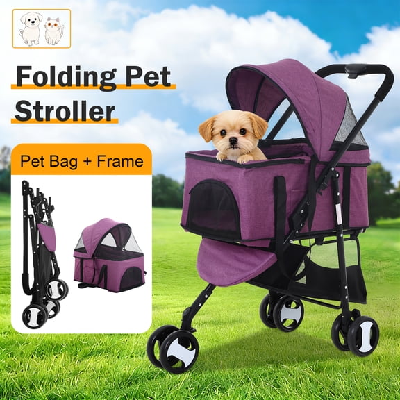3 Wheels Dog Stroller Foldable Pet Stroller Cat Stroller with Storage Basket, 3-in-1 Lightweight Puppy Stroller for Travel (Purple)