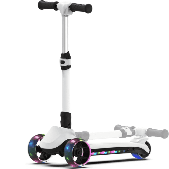 3 Wheels Electric Scooter for Kids, 3 Adjustable Heights Toddler Motorized Scooter with LED Light up Wheels and Pedal, Thumb Throttle, Powerful Motor, Foldable Kids Electric Scooter for Girls Boys